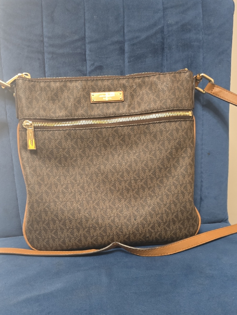 Michael Kors Brown Logo Crossbody with Tan Trim and Gold Hardware Plate